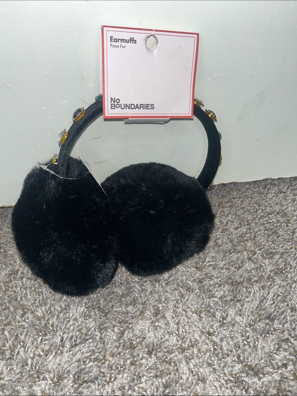 No Boundaries Black Faux Fur Earmuffs with Jeweled Headband
